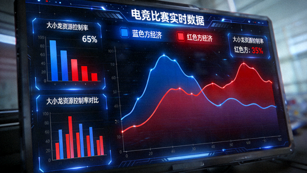电竞数据大屏显示双方经济曲线走势与大小龙资源控制率对比