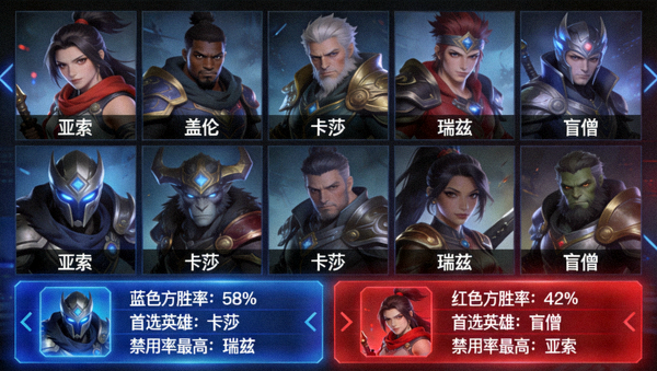 职业赛场 BP 禁选阶段的英雄头像矩阵与双方胜率倾向数据面板